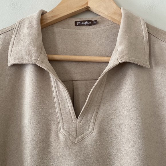 J. McLaughlin Faux Micro Suede V Neck 3/4 Slit Sleeve Tunic Size XL Tan - Picture 4 of 12